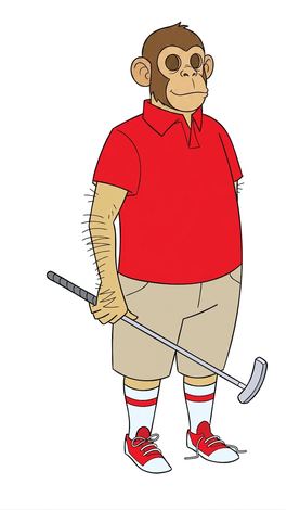 The illustrated golfer with a monkey head while the clothing and pose remain consistent